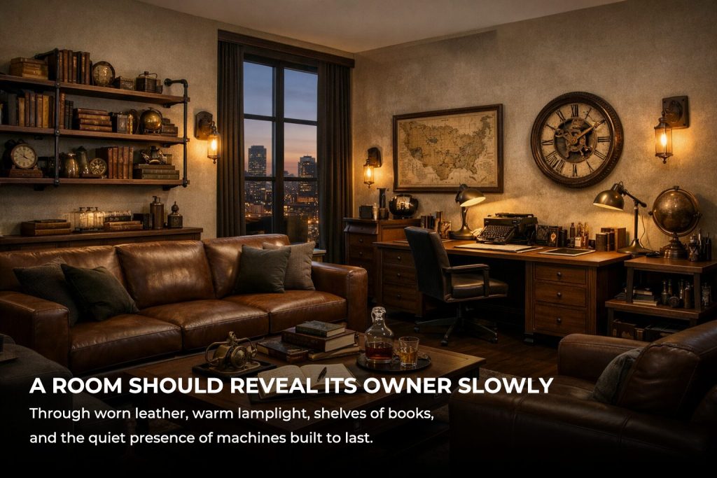 Contemporary steampunk-inspired living room and study featuring dark wood, black iron, aged brass, warm lighting, pipe shelving, books, clocks, maps, and industrial Victorian design elements.