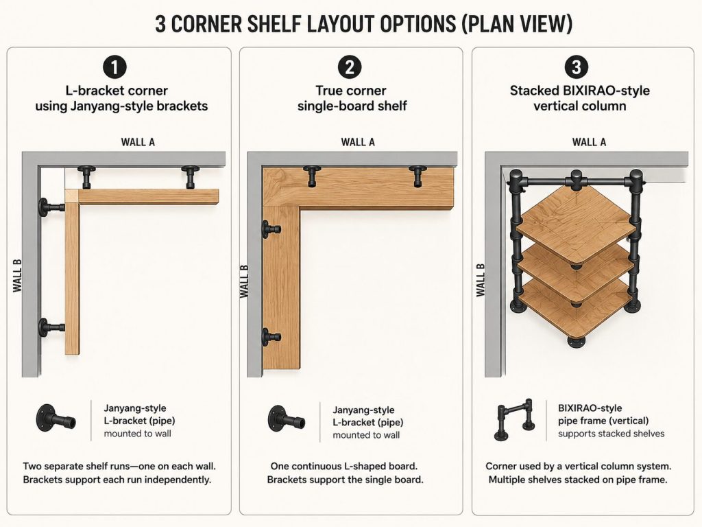 Three diagrams showing plan views: L-bracket corner using Janyang-style brackets, true corner single-board shelf, and stacked BIXIRAO-style vertical column.