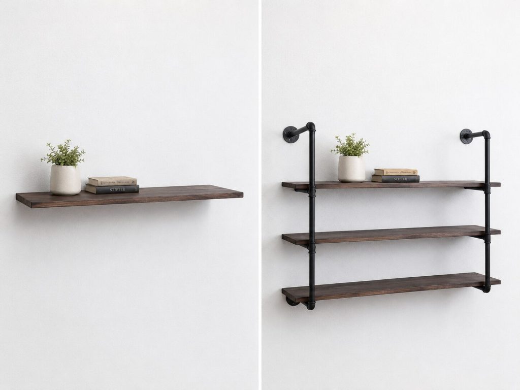 Split image: a clean floating shelf on a smooth wall beside an OLDRAINBOW pipe-bracketed shelf with visible iron pipe, flange, and dark wood.