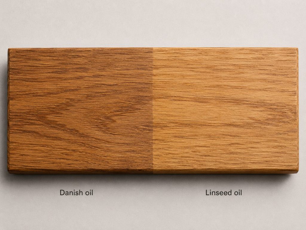 Same oak board shown with Danish oil on one side and linseed oil on the other, revealing subtle differences in warmth and depth