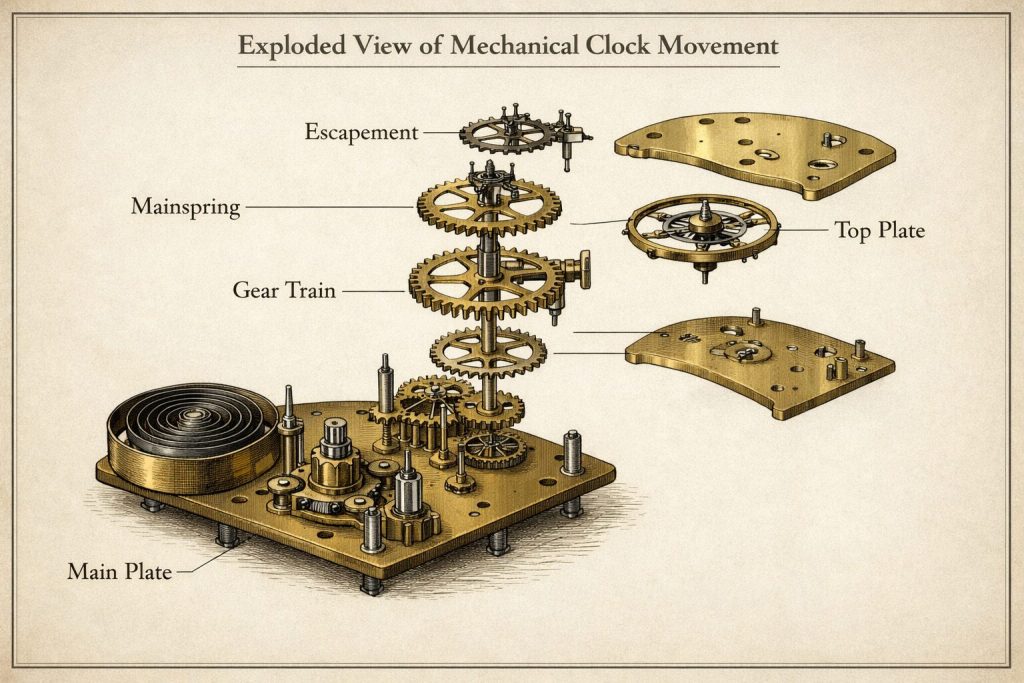 Exploded diagram of a traditional clock movement - labeled components: mainspring, gear train, escapement, balance wheel