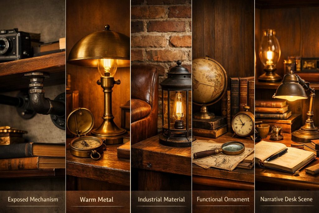 Five principle visual examples as strip - exposed mechanism, warm metal, industrial material, functional ornament, narrative desk scene