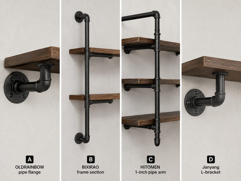 Four bracket types side by side: OLDRAINBOW pipe flange, HITOMEN 1-inch pipe arm, BIXIRAO frame section, and Janyang L-bracket.