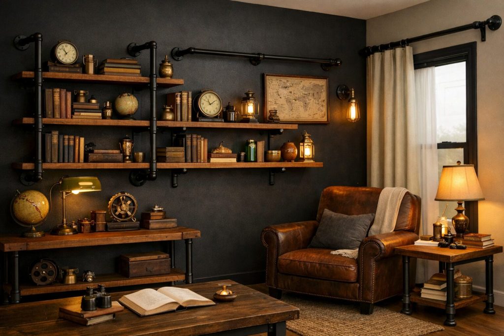 Room with Layers 0–4 complete - styled living room or study with all elements in place