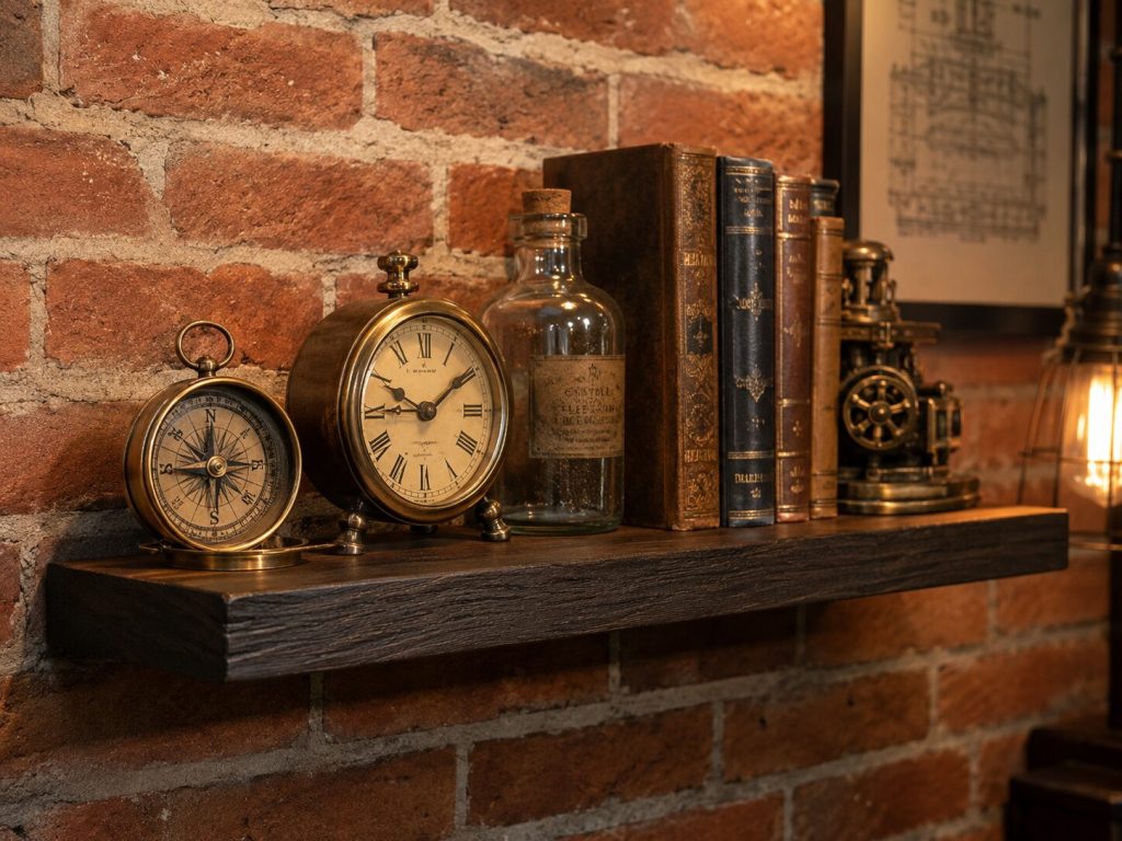 Floating shelf on exposed brick with Steampunk objects: compass, clock, glass bottle, old books. The support is hidden while the objects are mechanical and visible.