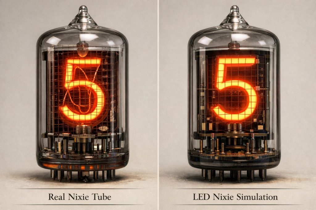 Side-by-side image: real Nixie tube and LED simulation, both glowing the same numeral