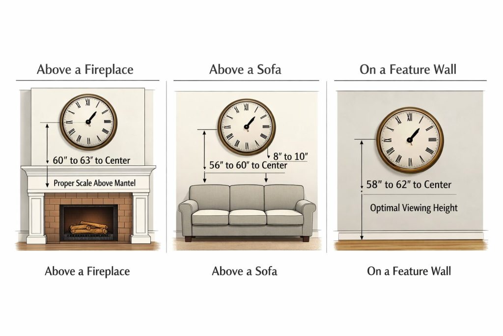 Diagram showing correct clock placement heights - above fireplace, above sofa, and on a standalone wall
