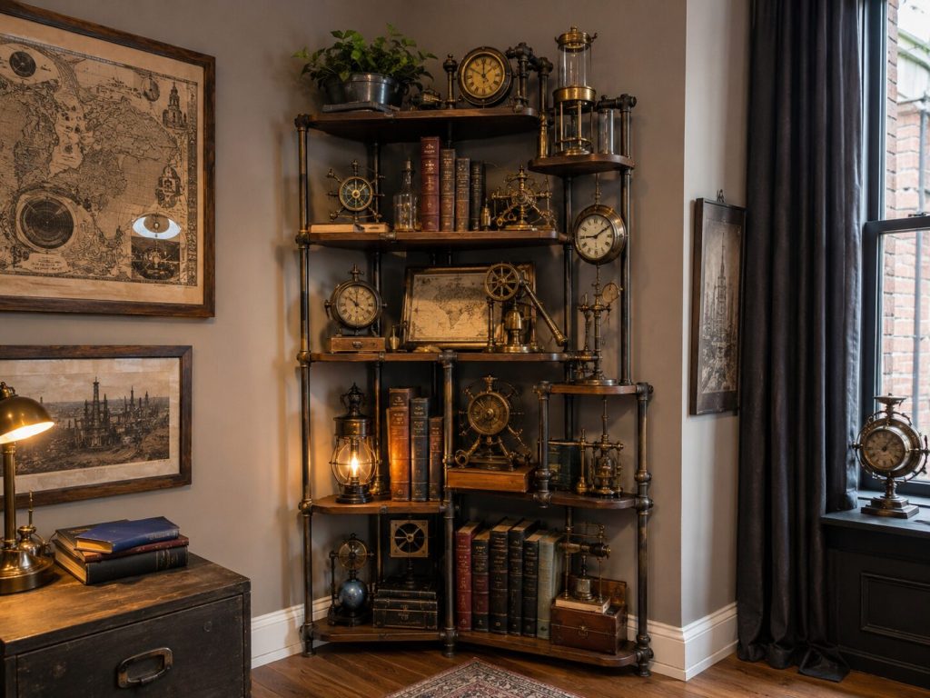 Modern Steampunk shelf styled in homage to the whatnot tradition - tiered, corner-placed, filled with clocks, maps, brass instruments, glass, books, and mechanical details.