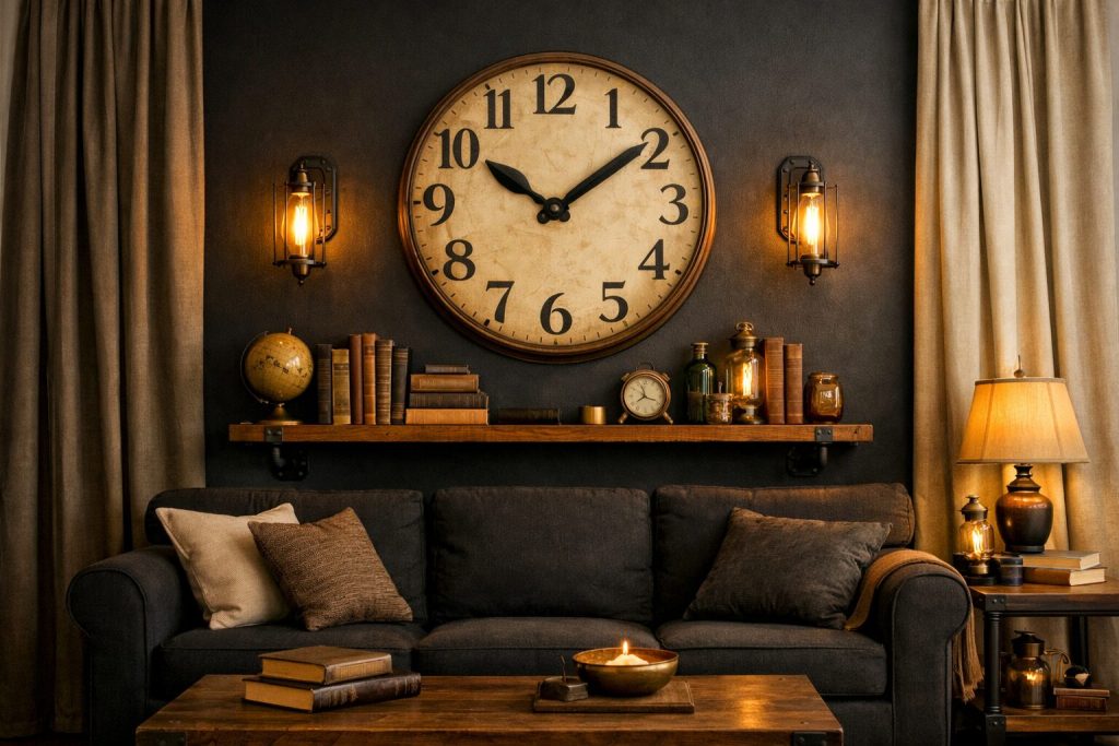 Complete living room Steampunk vignette - feature wall, clock, sconces, pipe shelf, dark sofa, heavy drapes