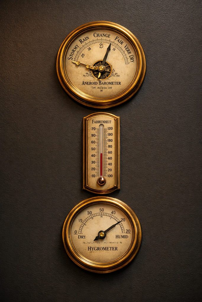 Victorian-style instrument triptych on dark wall - barometer, thermometer, hygrometer in matched brass