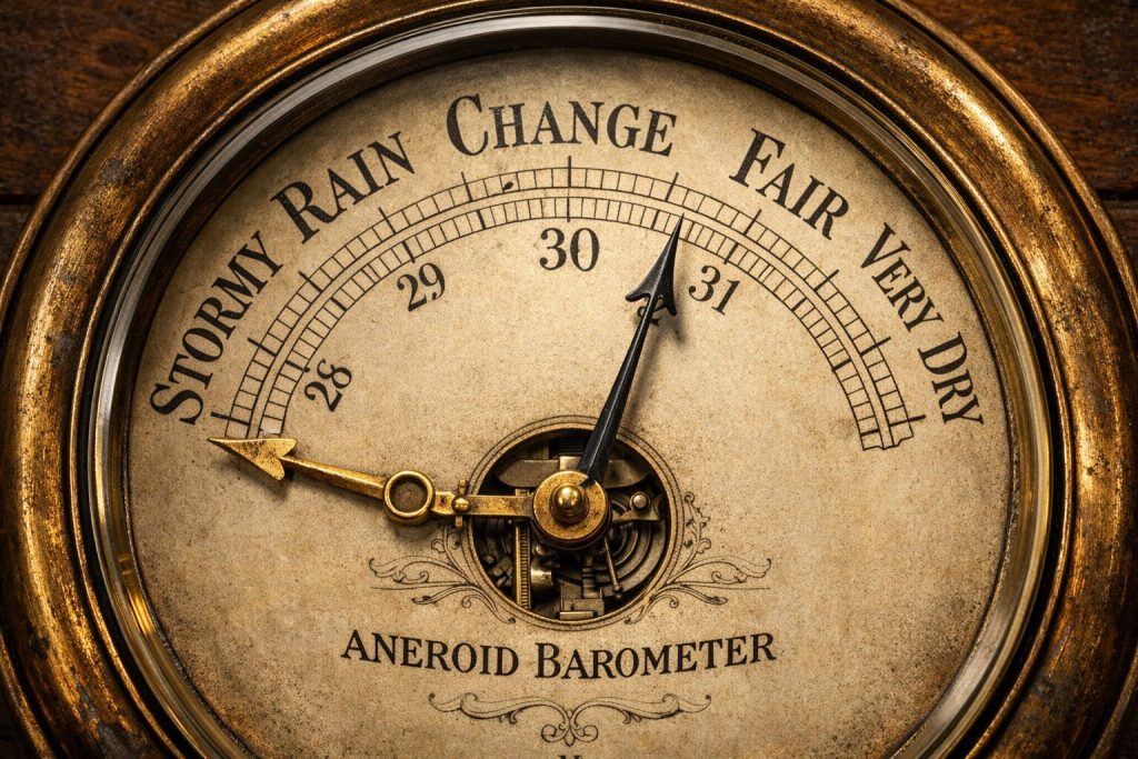 Antique brass aneroid barometer face - dial labeled with weather zones, set pointer visible