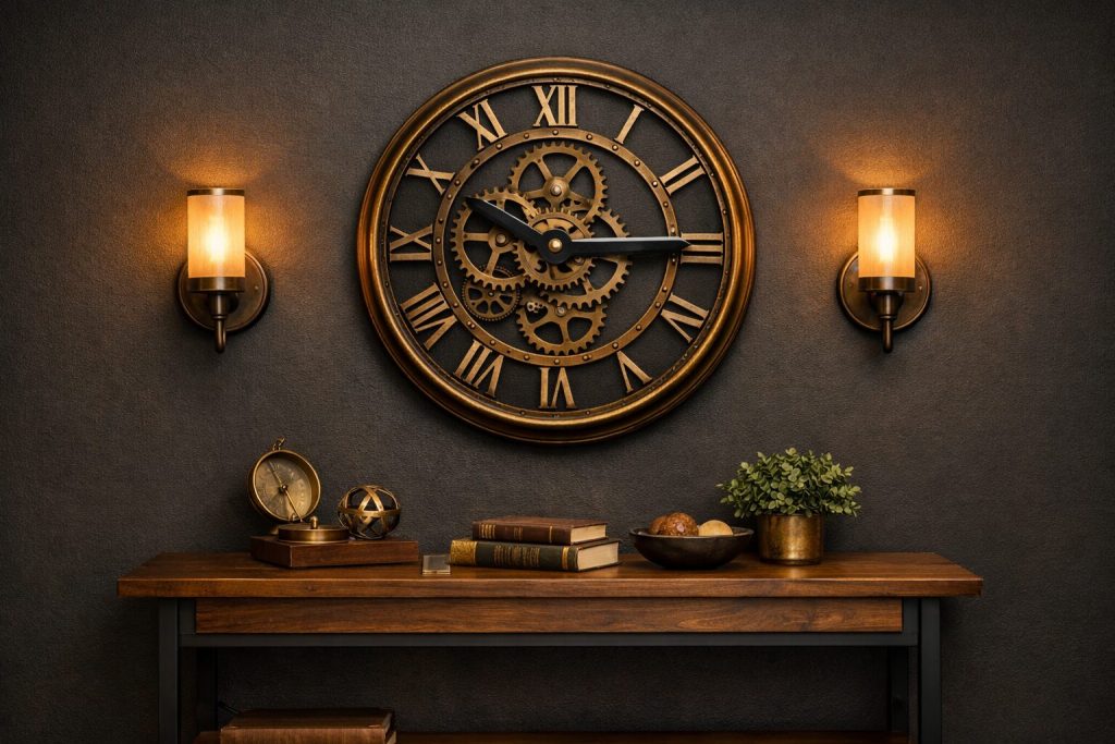 Room composition - large gear clock on dark wall above console table, flanked by warm wall sconces, compass and books on console