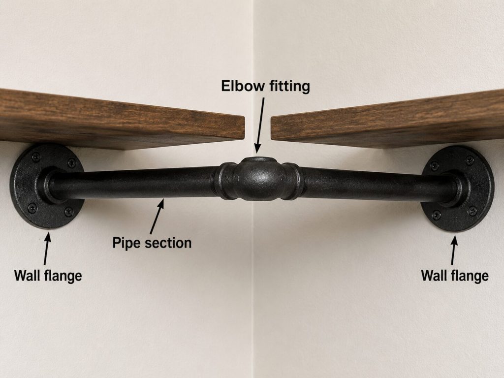 L-shaped pipe assembly with elbow fitting, two pipe sections, and two flanges showing how one pipe system spans two walls.