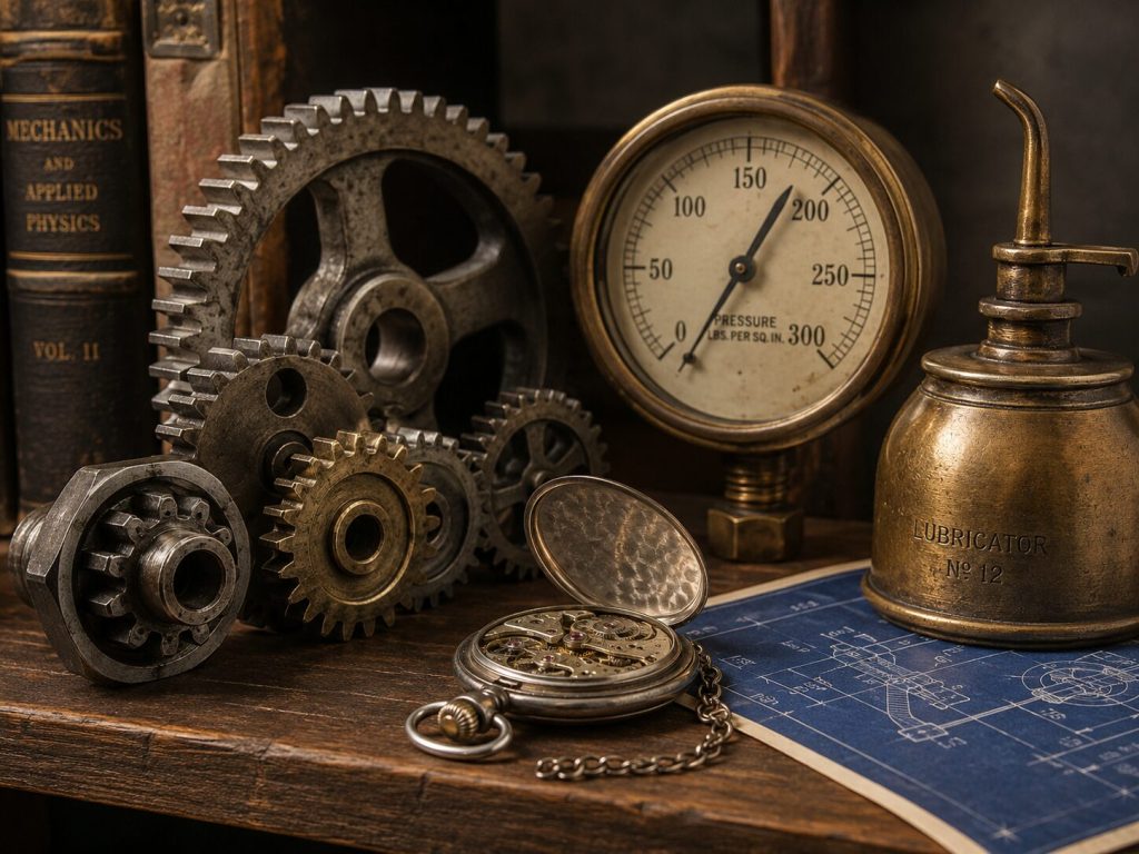 Engineering cluster with gear arrangement, pressure gauge, open pocket watch, and blueprint corner visible beneath a brass object.
