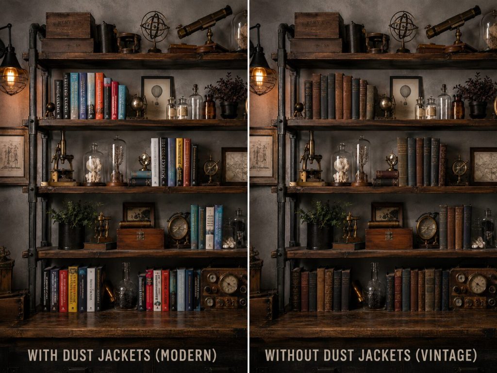 Same shelf section shown twice - first with bright modern dust jackets, then without them, revealing muted cloth bindings