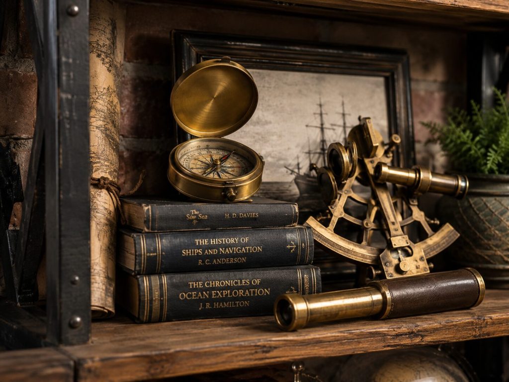 Navigator cluster assembled - brass compass, telescope, rolled map, and sextant arranged around a small stack of dark books.