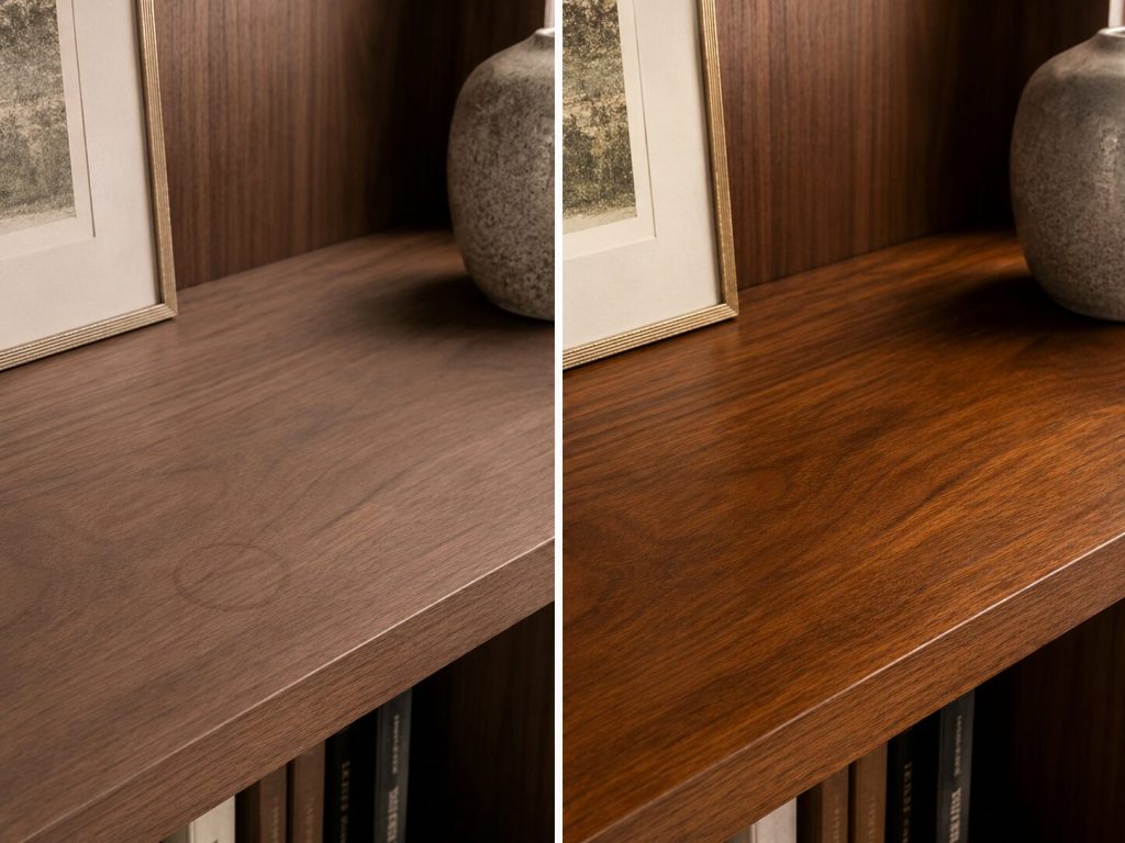 Two walnut shelf sections side by side: one unsealed, dull, with a faint water ring; one oil-finished, rich, warm, and glowing under amber light.