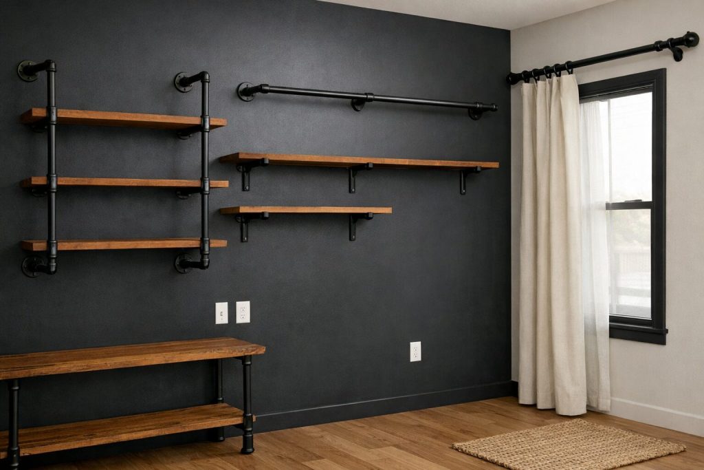 Room with only Layer 0 and Layer 1 complete - dark wall, pipe shelving, pipe curtain rod, empty shelves.