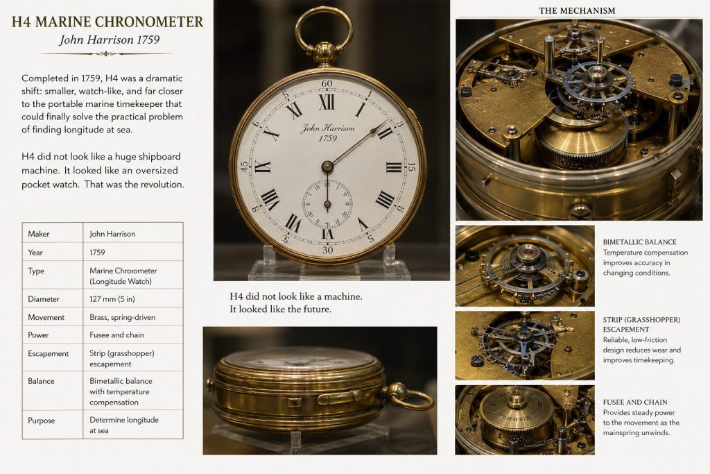 H4 marine chronometer illustration or museum photo reference showing mechanism