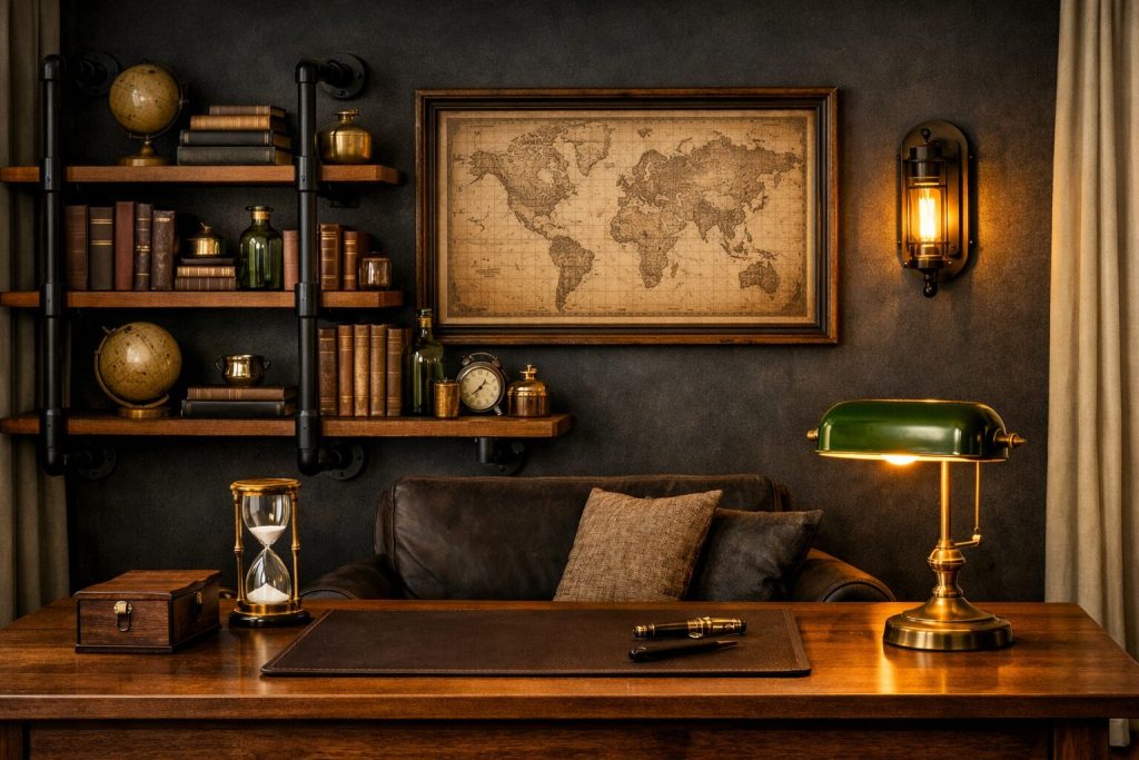 Complete Steampunk study - desk with lamp, blotter, hourglass, trinket box, pipe shelving wall, sconce beside shelf, framed map above desk