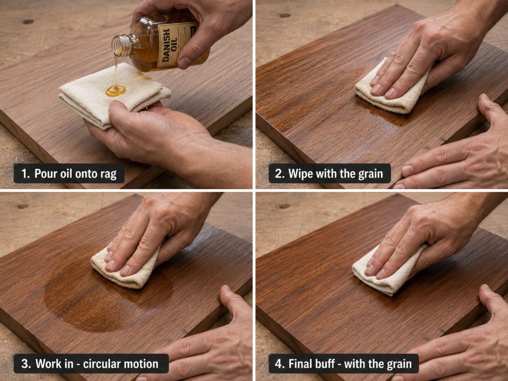 Application process showing Danish oil poured onto a rag, wiped with the grain, worked in circular motion, then buffed with the grain again.