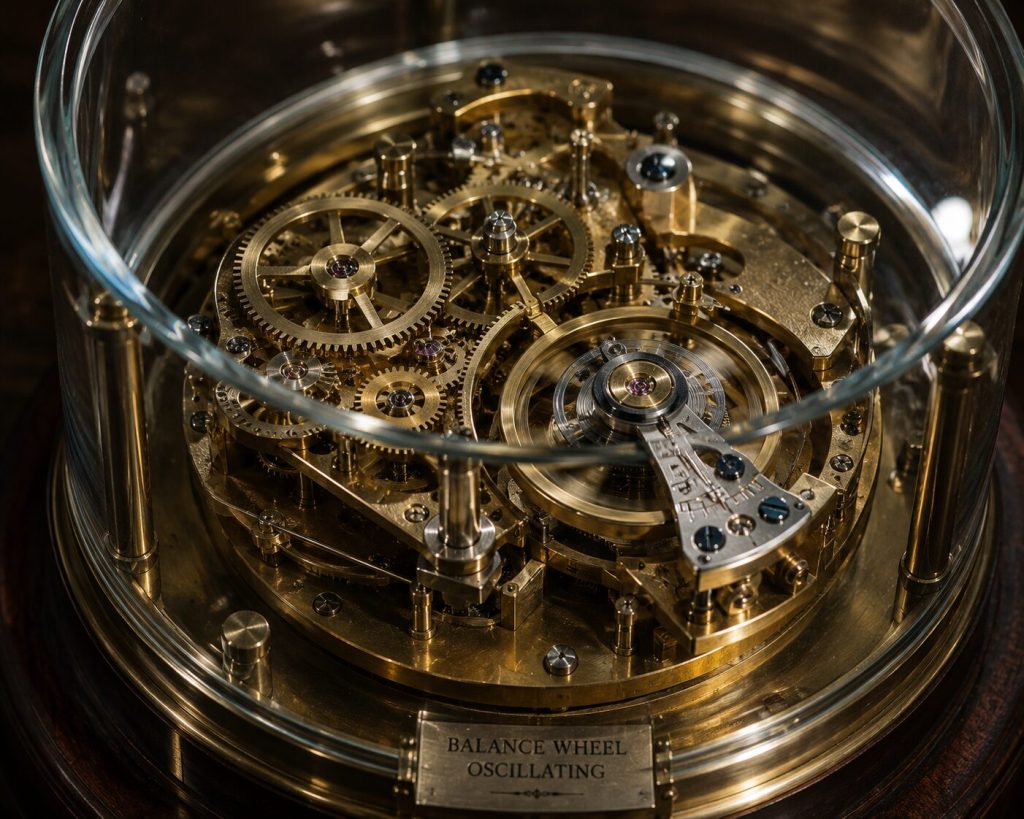 Exposed mechanical movement through a glass case - gear train visible, balance wheel oscillating
