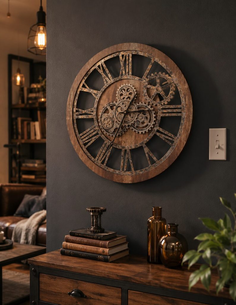 ImprovingLife mounted on a dark feature wall, gears visibly in motion, shown beside a standard light switch for scale
