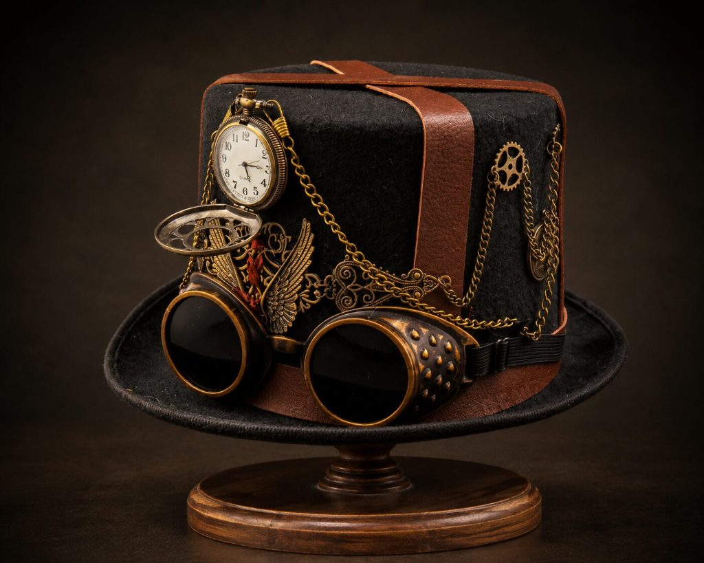 Top hat on display stand - full view showing goggles, gear accents, pocket watch visible