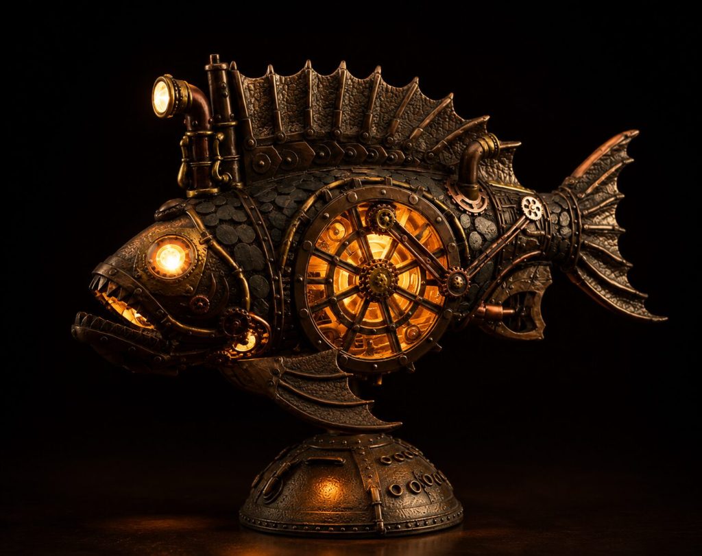 Piranha lamp lit in darkened room - bronze finish glowing, fish form dramatic against dark background