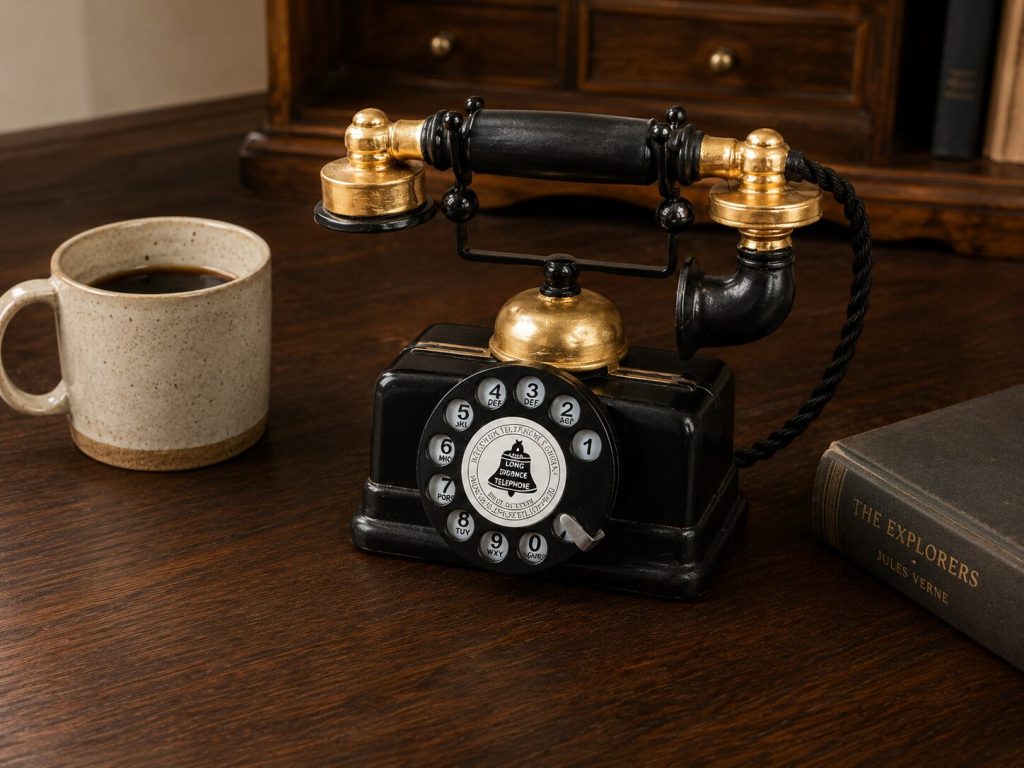 Rotary phone with common scale reference - coffee mug or book beside it