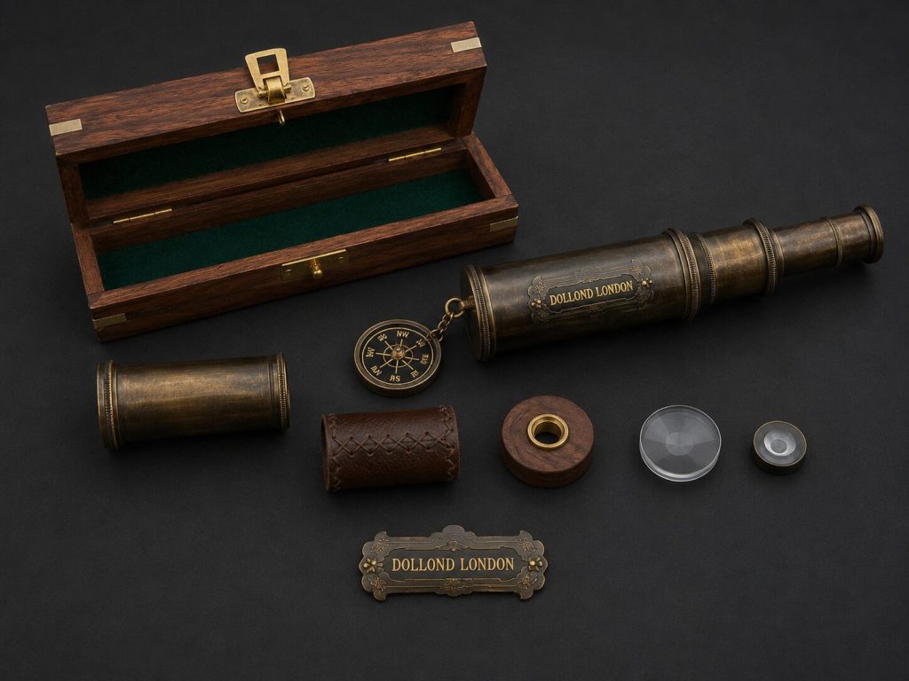 Exploded view-style photo - brass segment, leather grip, wood end cap, glass lens each photographed separately