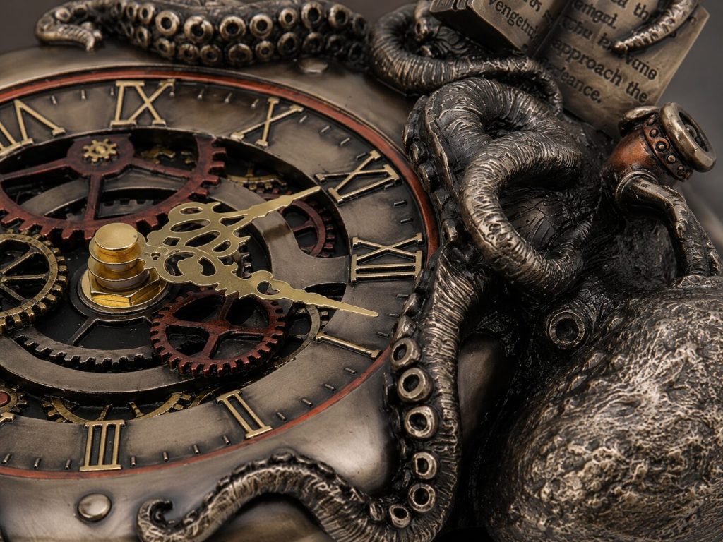Macro detail of Veronese surface - octopus tentacles, gear texture, bronze-like surface finish, clock mechanism visible