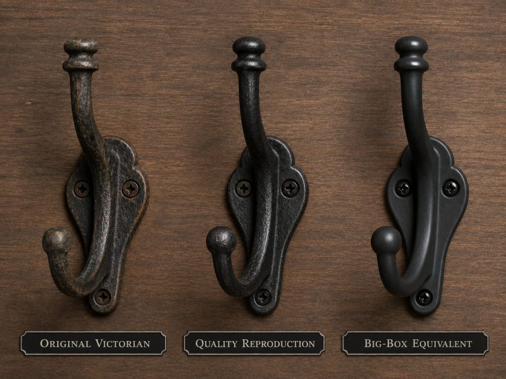 Comparison: original Victorian cast iron hook / quality reproduction / big-box equivalent