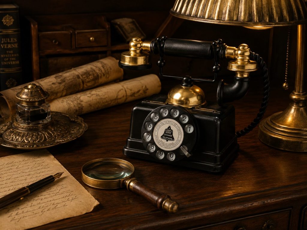 Rotary phone on desk corner - surrounded by Victorian props such as inkwell, rolled paper, magnifying glass