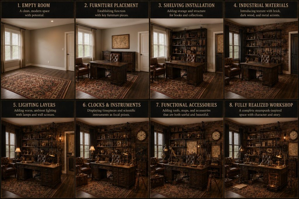 Eight-step progress montage - empty room through fully realized workshop