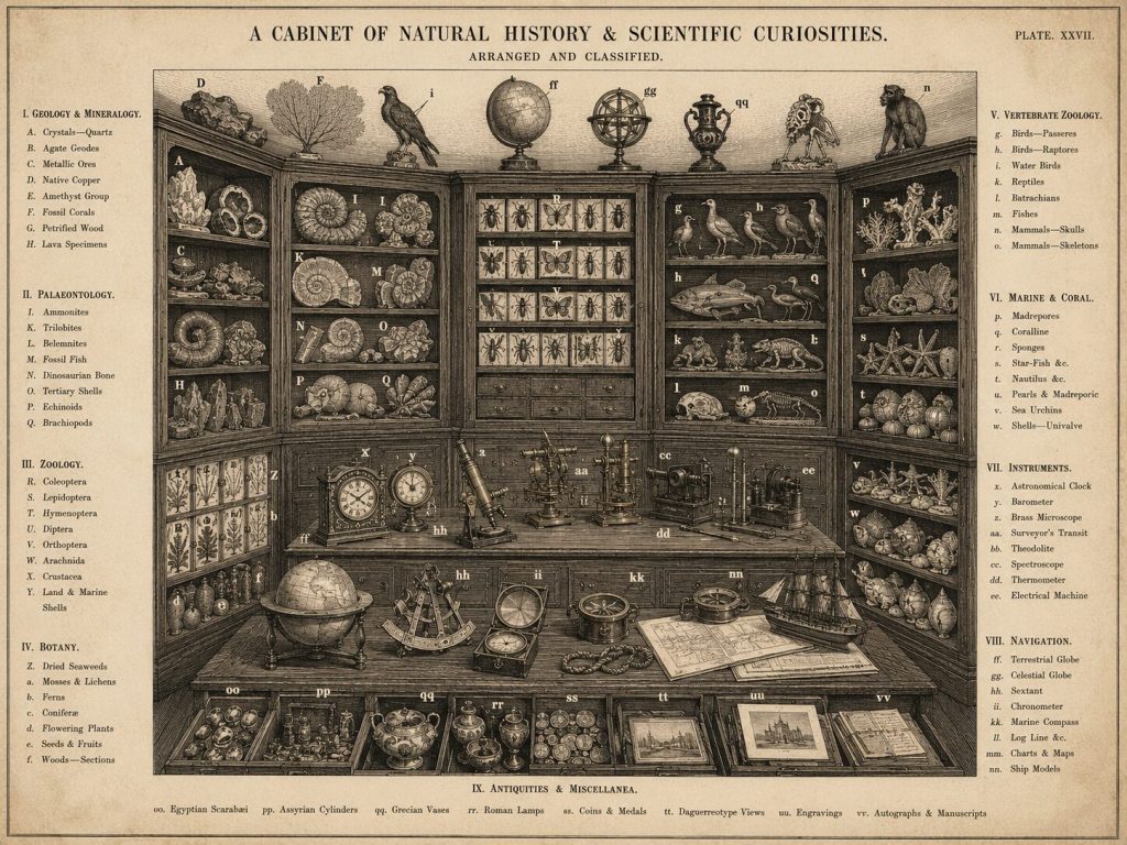 Victorian-era illustration of a private collection room or natural history cabinet - dense, organized, labeled