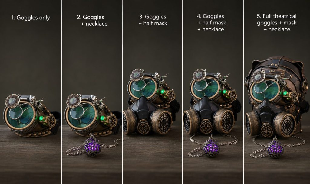 Five configuration options shown side by side - from minimal goggles only to full theatrical goggle + mask + necklace