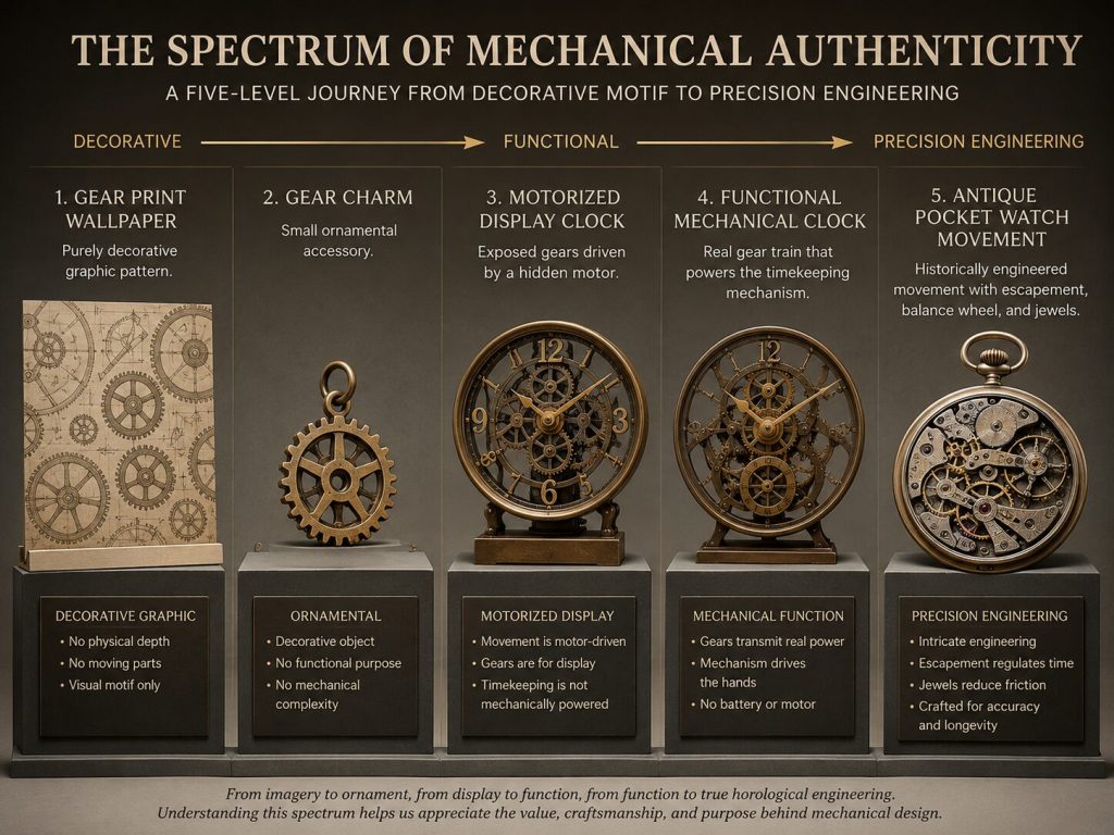 The 5-level spectrum: gear print wallpaper / gear charm / motorized display clock / functional mechanical clock / antique pocket watch movement