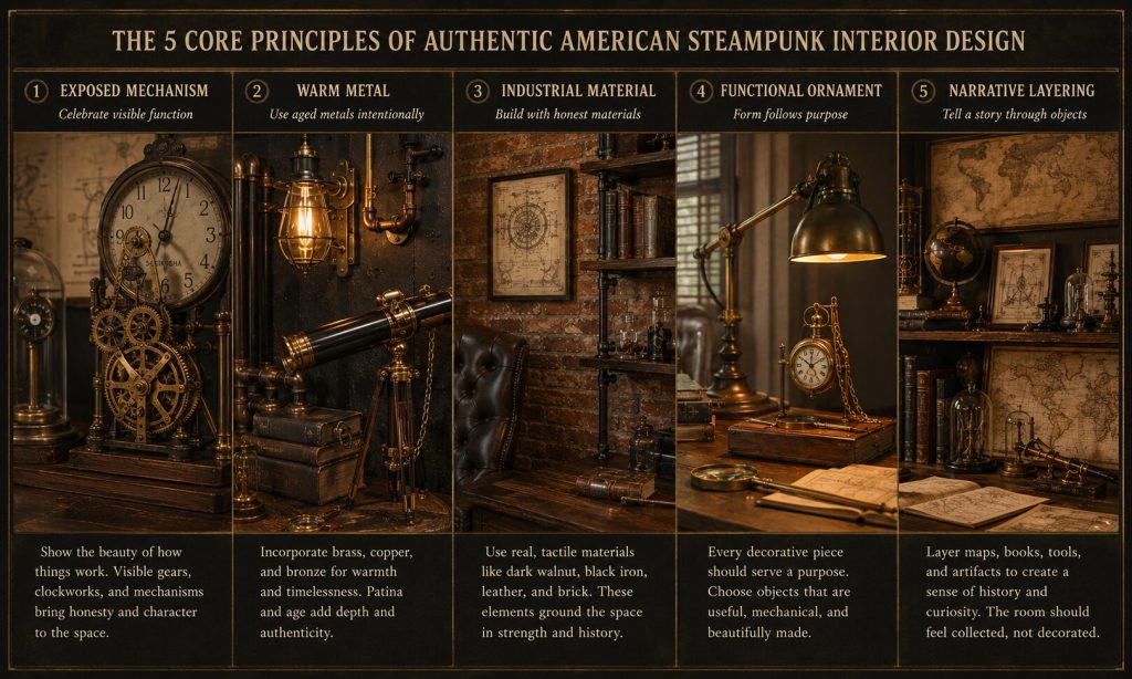 Five principles illustrated as a visual matrix - exposed mechanism, warm metal, industrial material, functional ornament, narrative layering