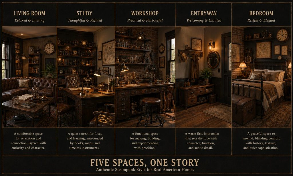 Five room vignettes - living room, study, workshop, entryway, bedroom