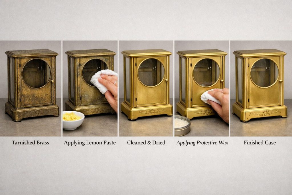 Step-by-step - tarnished brass clock case → lemon paste applied → rinsed → wax applied → finished