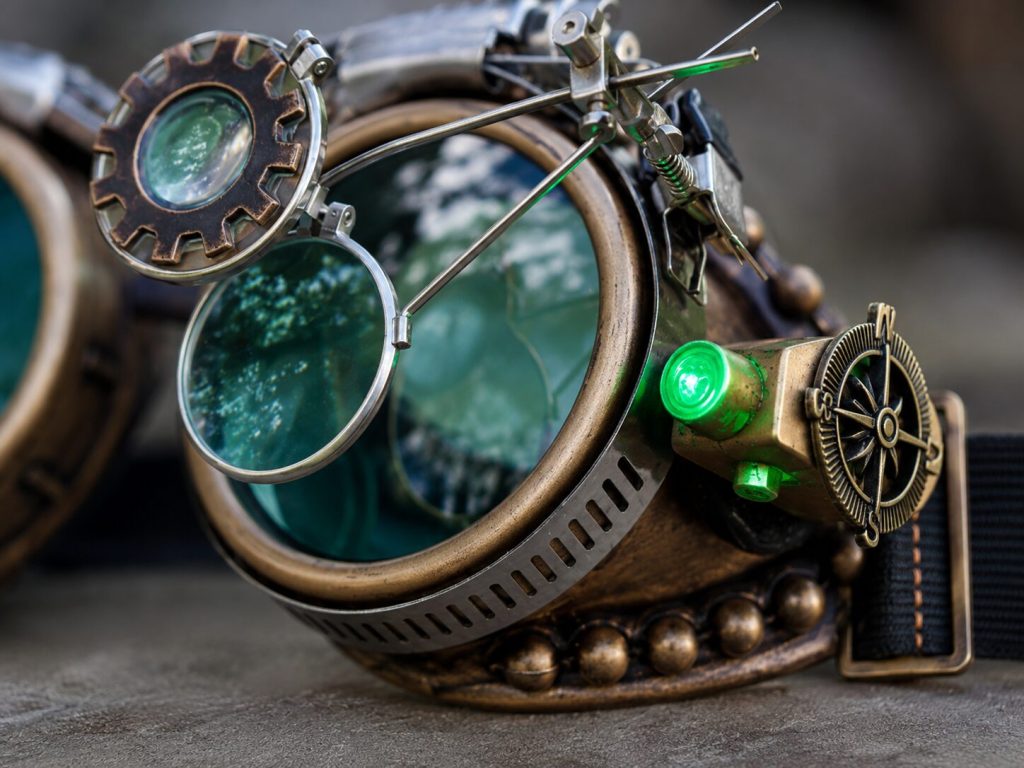 Goggles close-up - glass lens reflection, LED compass charm visible, elastic band construction