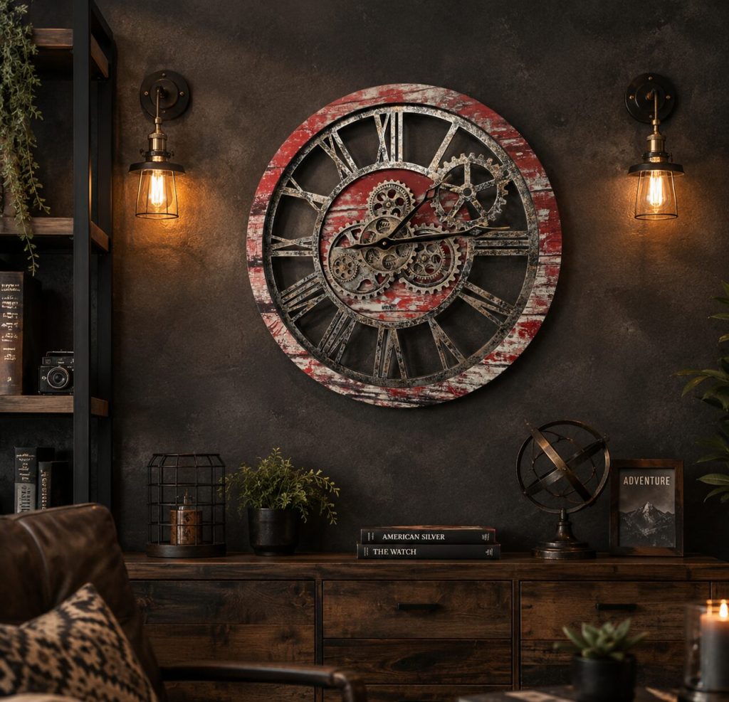 Feature wall with the ImprovingLife Gears Clock mounted at center, gears turning slowly, warm amber lighting washing over a dark wall