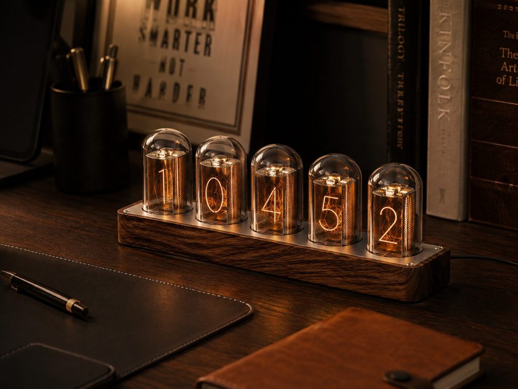ClocTeck on a dark wood desk - amber/warm single-color mode, tubes glowing, wood grain base visible