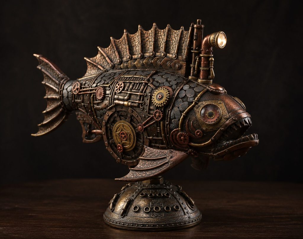 Piranha lamp in dramatic side lighting - fish form and submarine body visible, bronze/copper patina showing age and authenticity
