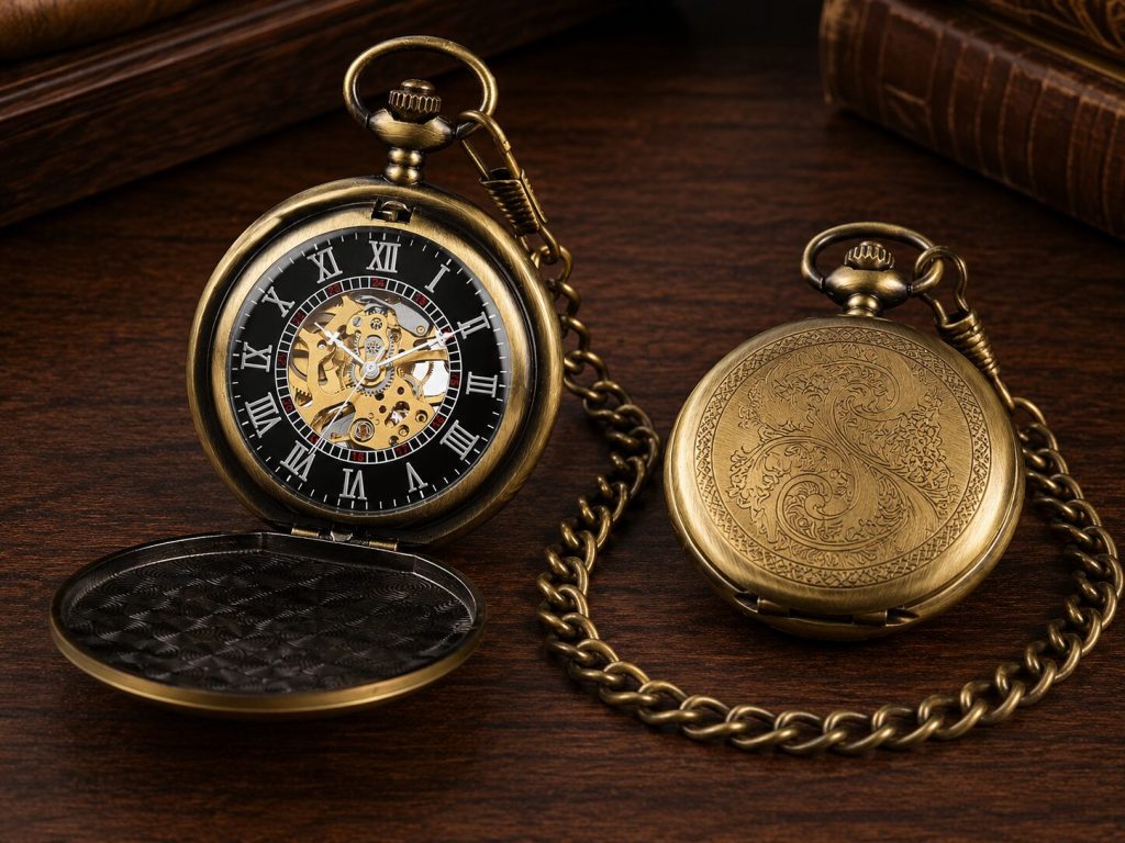 Pocket watch open showing dial, chain draped, engraved back visible. Bronze color option shown on dark wood surface