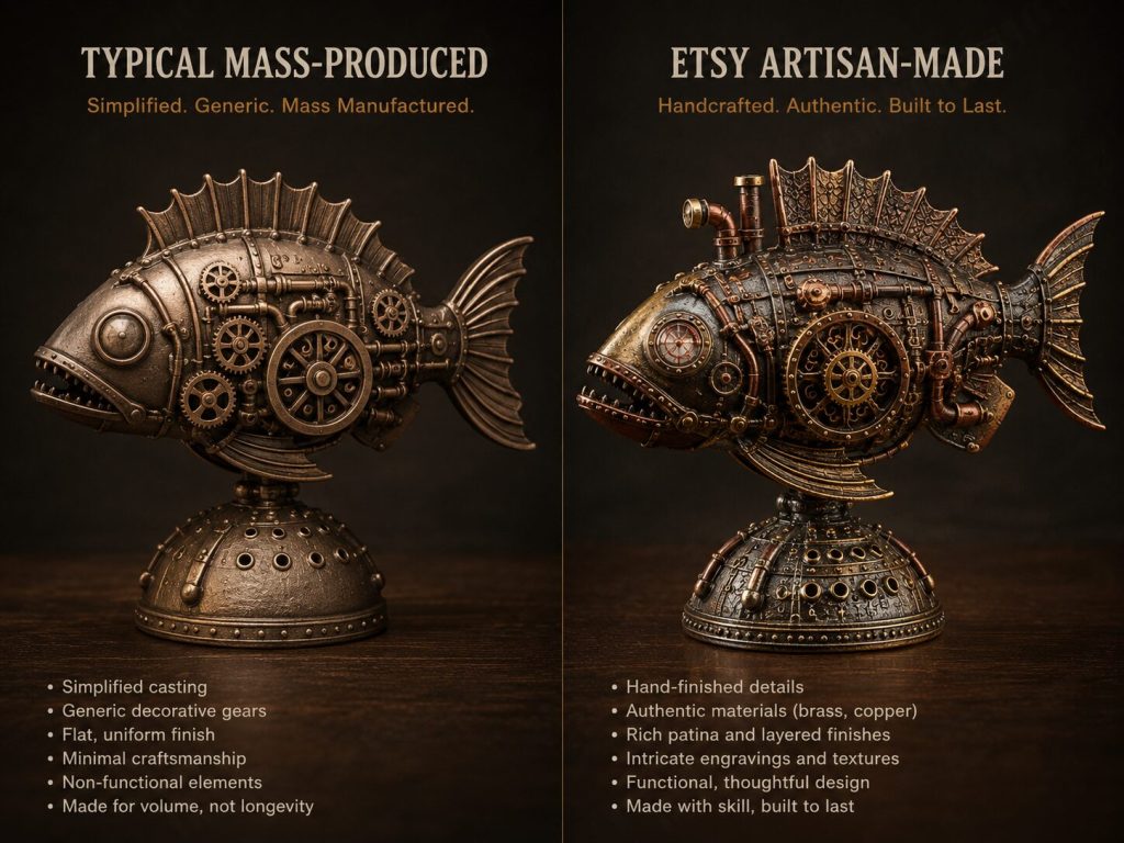 Comparison: mass-produced Steampunk object vs. Etsy artisan equivalent - same category, dramatically different detail level