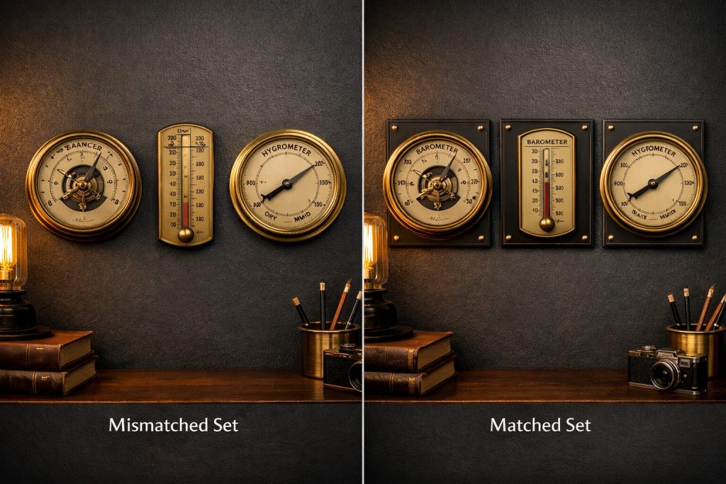 Individual vs. matched set comparison - one sourced individually with slightly varied brass tones, one purchased together with uniform finish