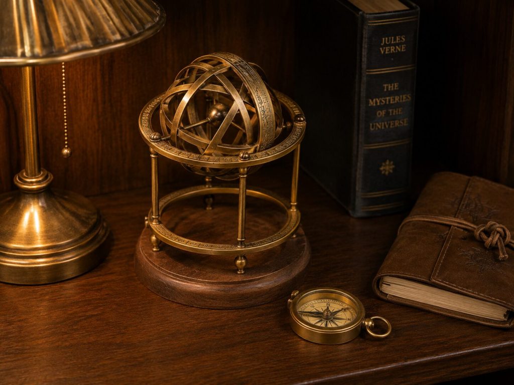 Armillary sphere on wooden base, positioned on shelf next to leather journal and small compass. Scale object included for reference