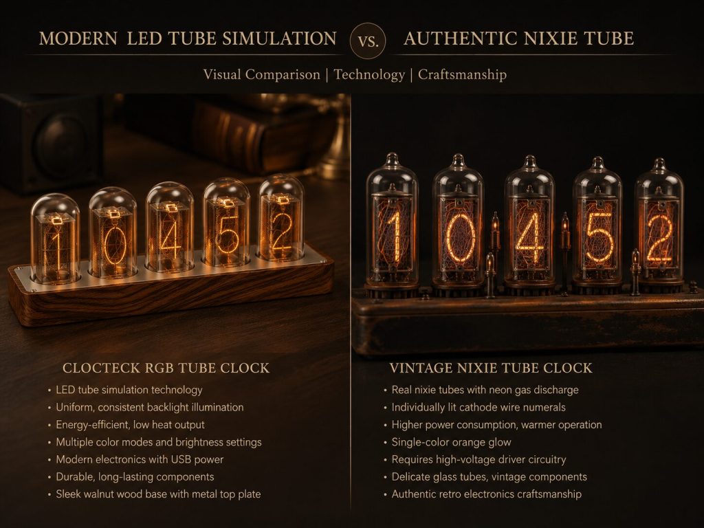 ClocTeck amber setting beside a comparison image of an actual vintage Nixie tube